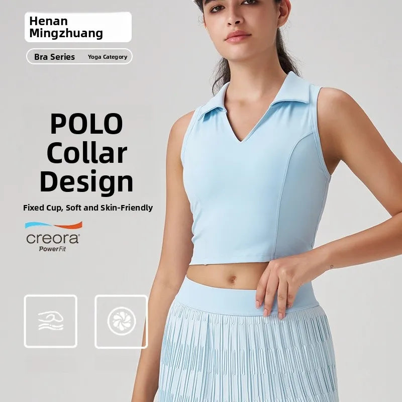 Outdoor Fitness Tennis Outfit Polo Shirt Sleeveless Collared Yoga Vest Breathable Nylon Spandex Slim Fit Youth Women's Top