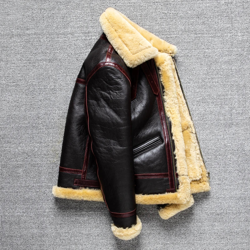 Black Winter Shearling Jacket Men Military Style Plus Size 3XL Genuine Natural Thick Sheepskin Warm B3 Bomber Leather Coat