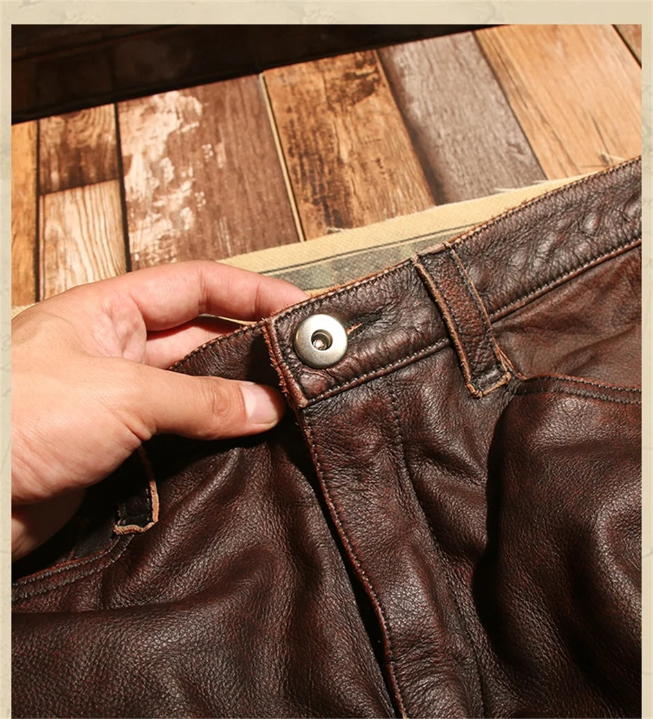 Retro Black Winter Leather Trousers Men Vintage Style Genuine Natural Cowhide Can Add Motorcycle Protection Device Leather Pants