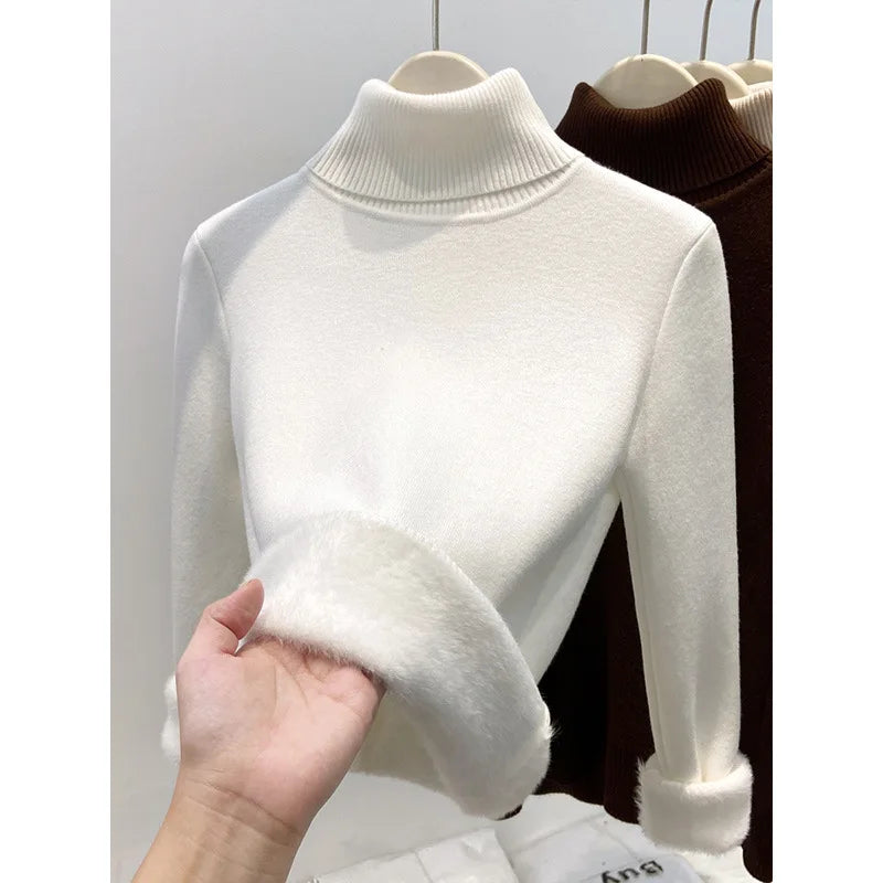 Thickened High Collar One-Piece Fleece Knitted Sweater Women Winter Slim Fit Inner Wear Fashionable Basic Style Base Shirt