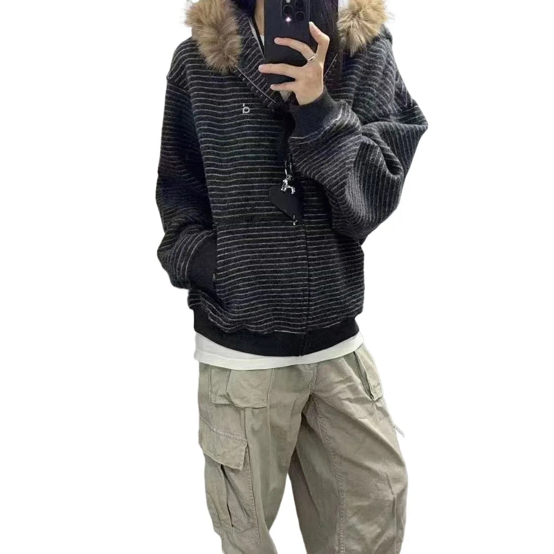Retro American Striped Hoodie Jacket Women's Loose Fur Collar Outerwear Autumn Winter Zipper Open Cardigan Style Polyester