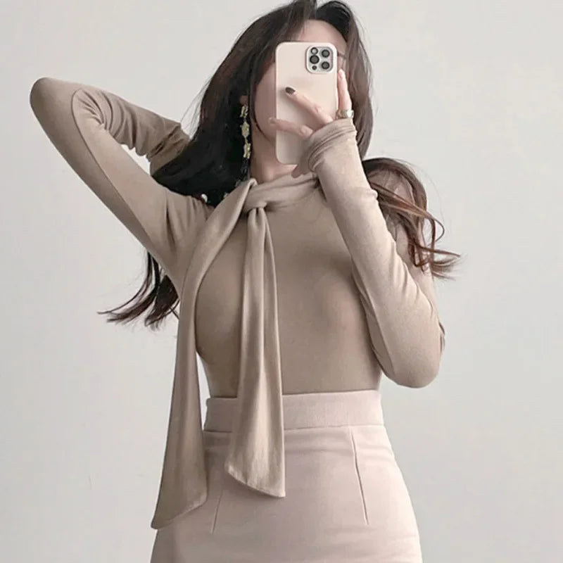 Korean Style Women's Long Sleeve T-Shirt Bow Design Halter Neck Slim Fit Comfortable Base Shirt Cotton Spring Summer Top
