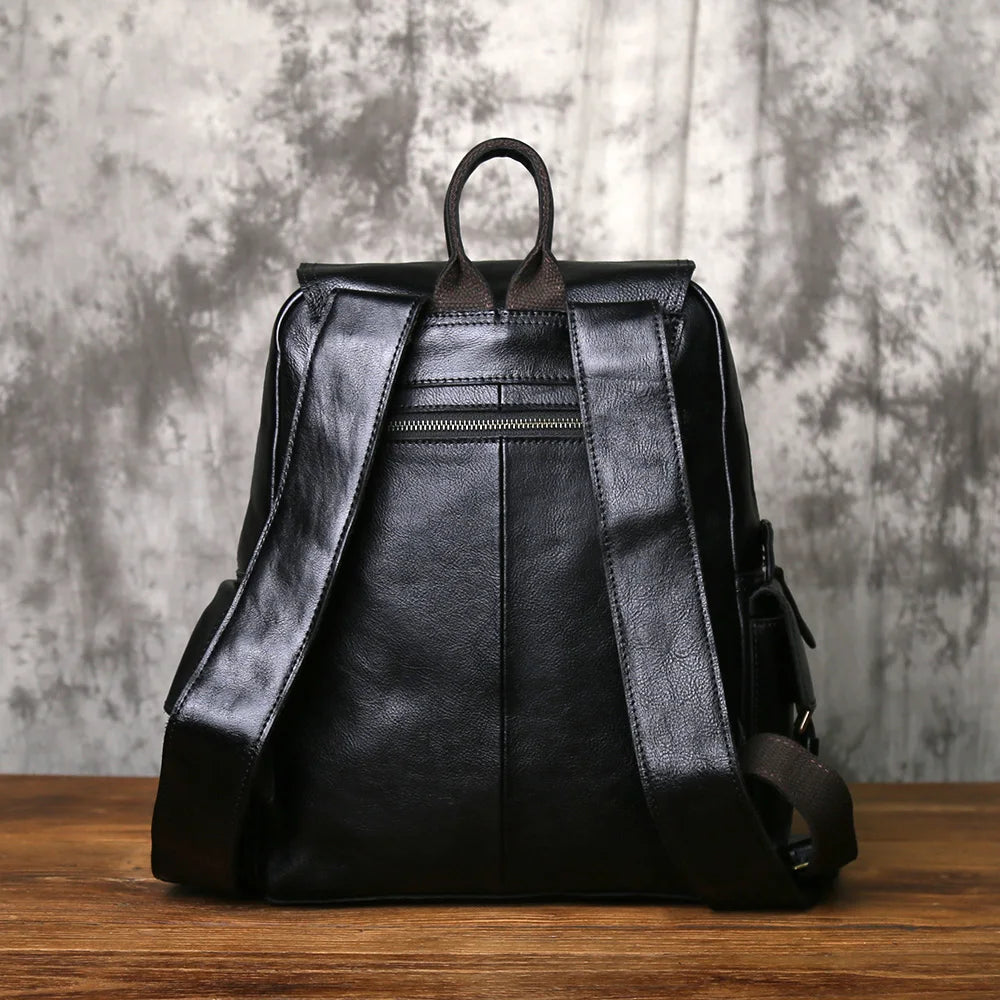NZPJ Genuine Leather Men's Backpack Top-Grain Cowhide Casual Travel Backpack Multi-Compartment 16-Inch Laptop Bag