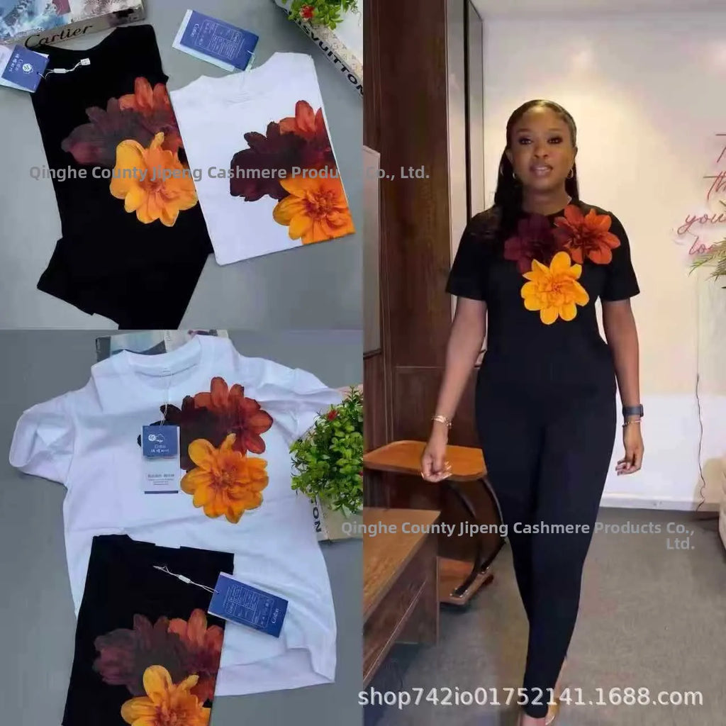 Loose Fit Embroidered Cotton T-Shirt Women's Shoulder Width round Neck Print Short Sleeve Cross-Border Half Sleeve Street Style