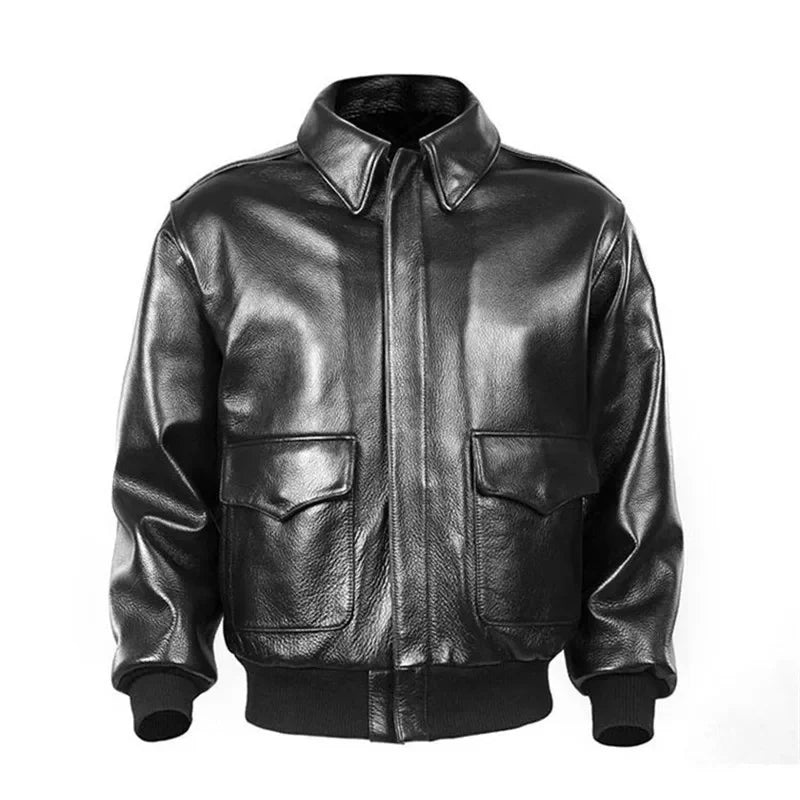 Black Winter Leather Jacket Men Military Style Europe Size Genuine Natural Thick Cowhide Warm Turn-Down Collar A2 Flight Coat