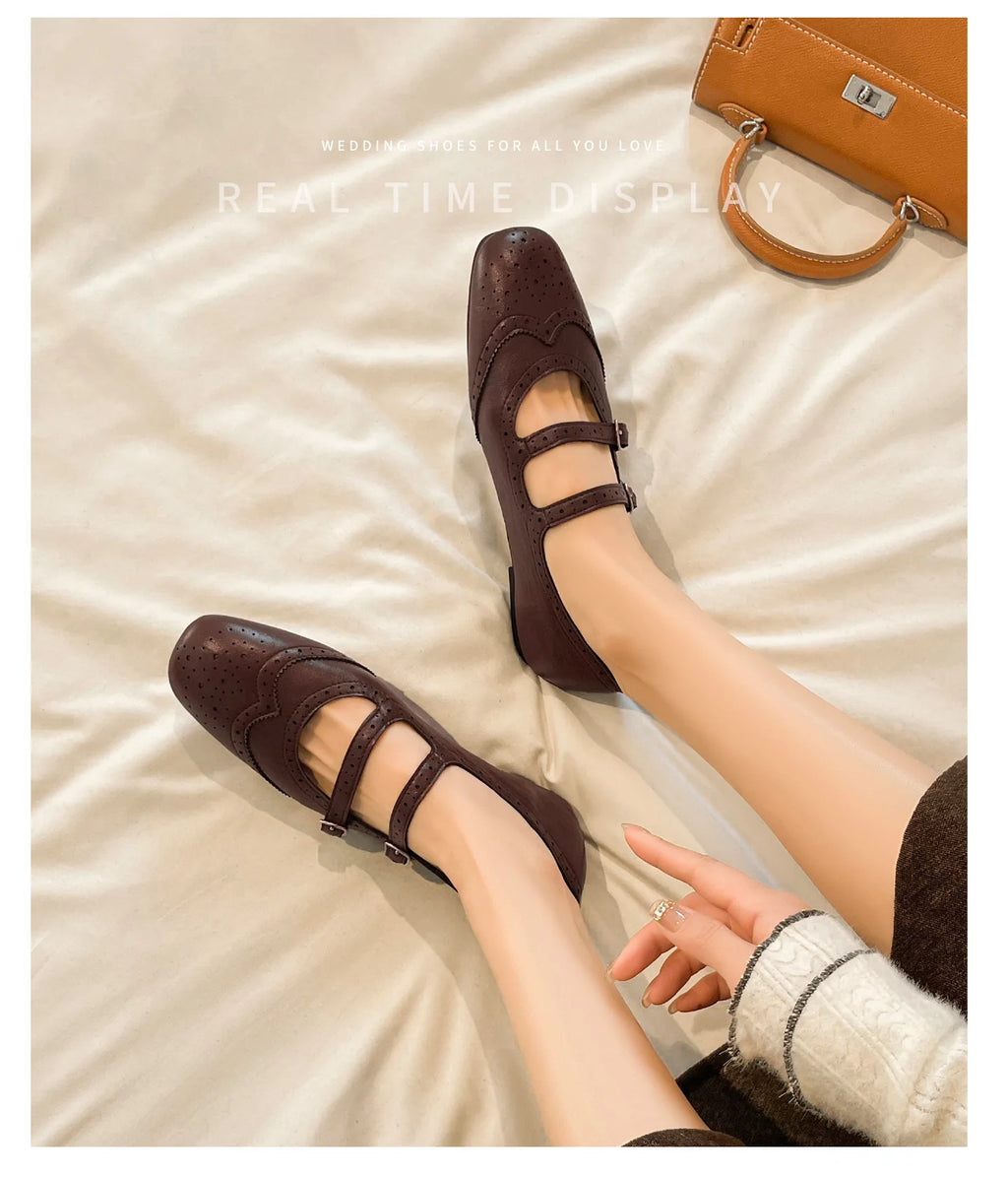 French Style Double Buckle Mary Jane Shoes Women's plus Size Flat Bottom Leather Version Beautiful Carving Spring Summer Autumn