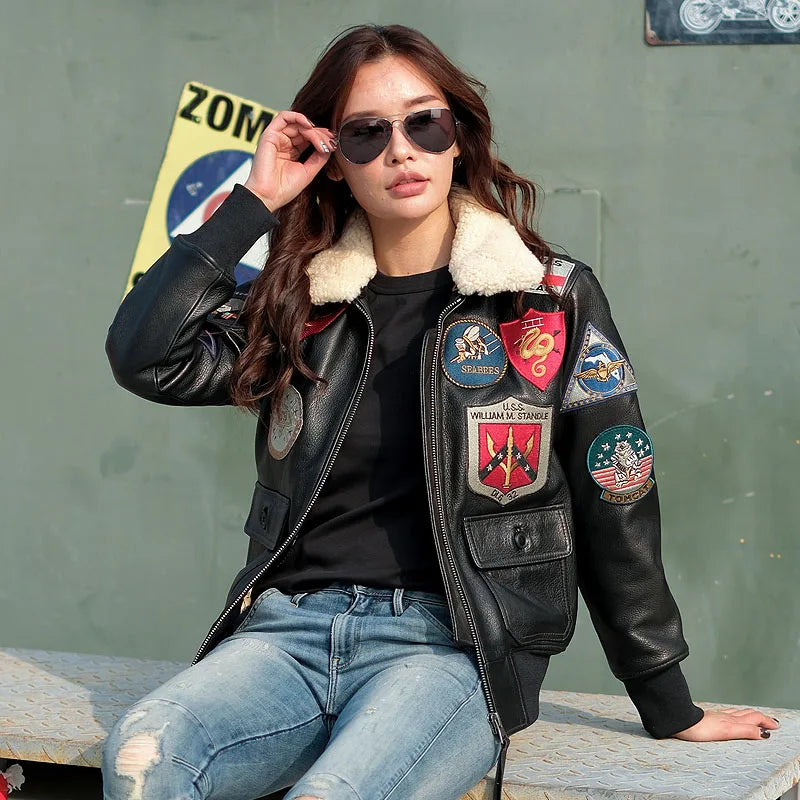 Black Autumn Leather Jacket Women Retro Style Plus Size 3XL Genuine Natural Cowhide Turn-Down Collar Military G1 Flight Coat