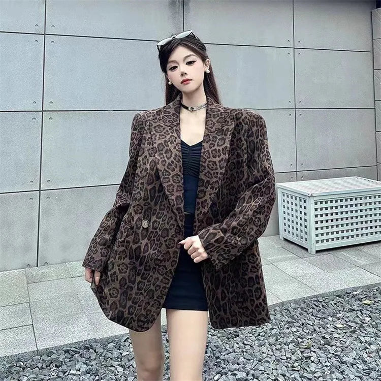 Ladies' Long Sleeve Leopard Print Suit Jacket Hepburn Style Casual Leisure Fashionable Mid-Length Coat Elegant Commute
