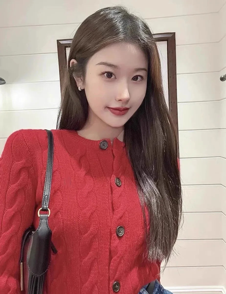 Women's Knitted Wool Sweater Cardigan round Neck Thick Outerwear Top Retro Twisted Knit Autumn Winter Sweater Crew Neck