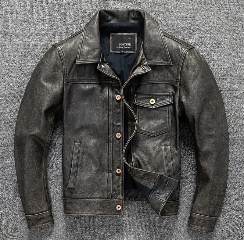 Black Spring Leather Jacket Men Vintage Style Plus Size 5XL Genuine Natural Cowhide Turn-Down Collar Single Breasted Coat