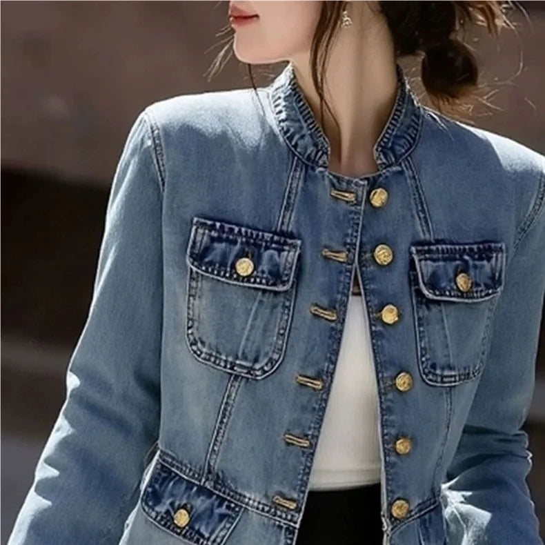 Stylish Unique Blue Denim Jacket Cool And Trendy Korean Style Autumn Winter Casual Long Sleeve Polo Collar Jeans Coat