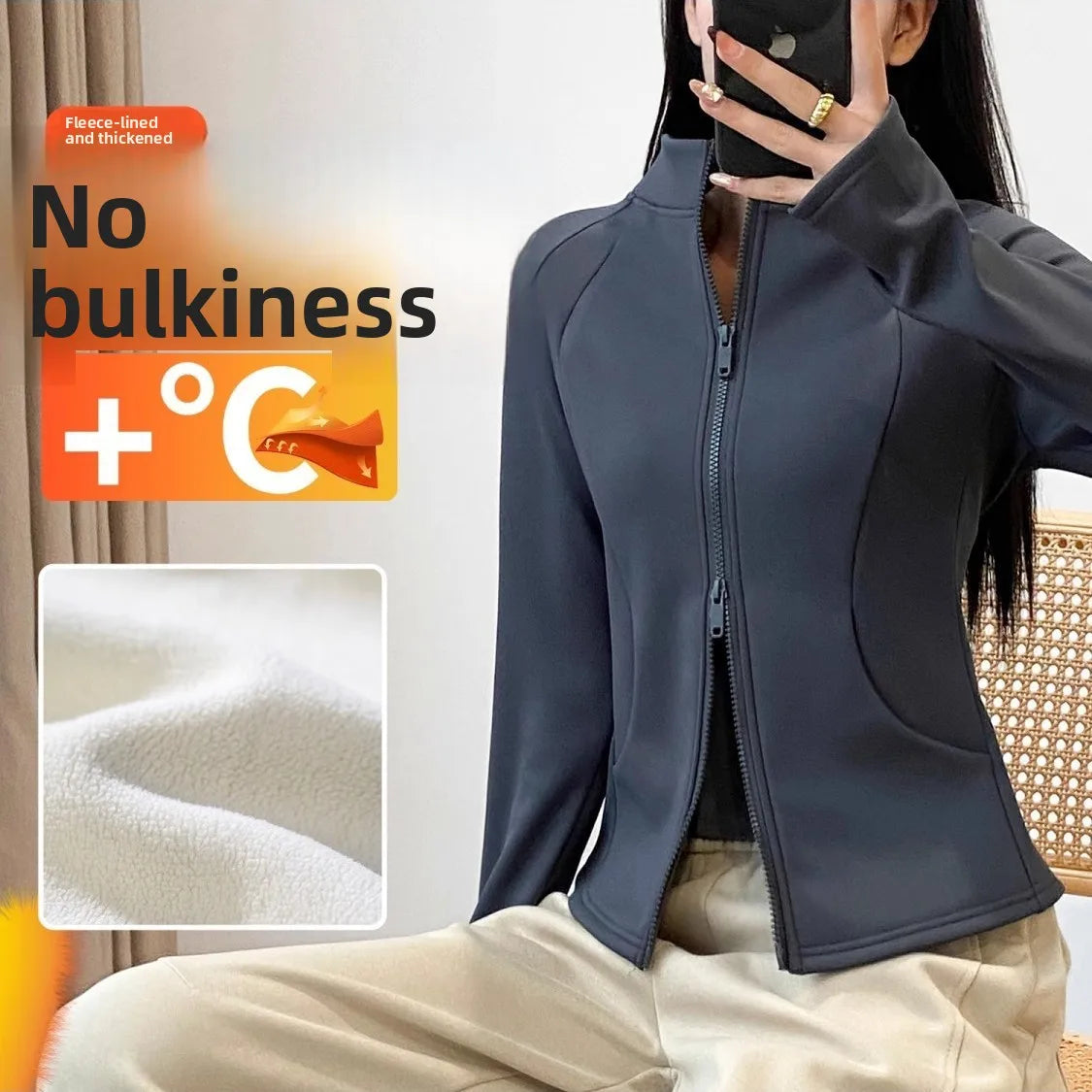 Fleece Lined Thickened Double Zipper Yoga Jacket Women's Autumn Winter Sporty Slim Fit All-Match Windproof Warm Top