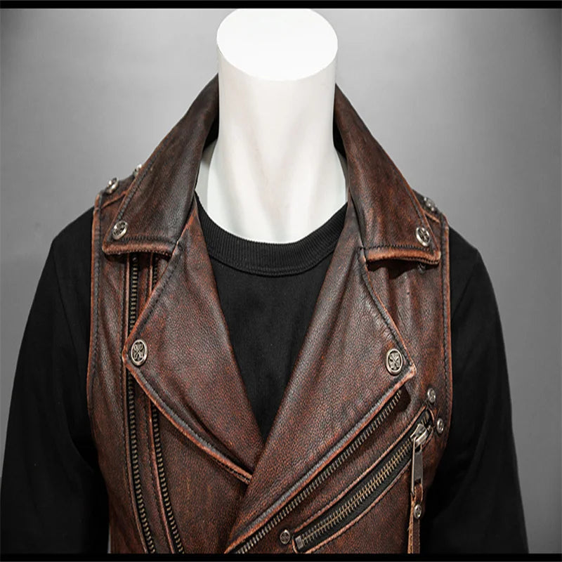 Men Red Brown Leather Biker Vest Vintage Distressed Asymmetrical Zip Sleeveless Jacket Punk Rock Studded Multi-Pocket Waistcoat