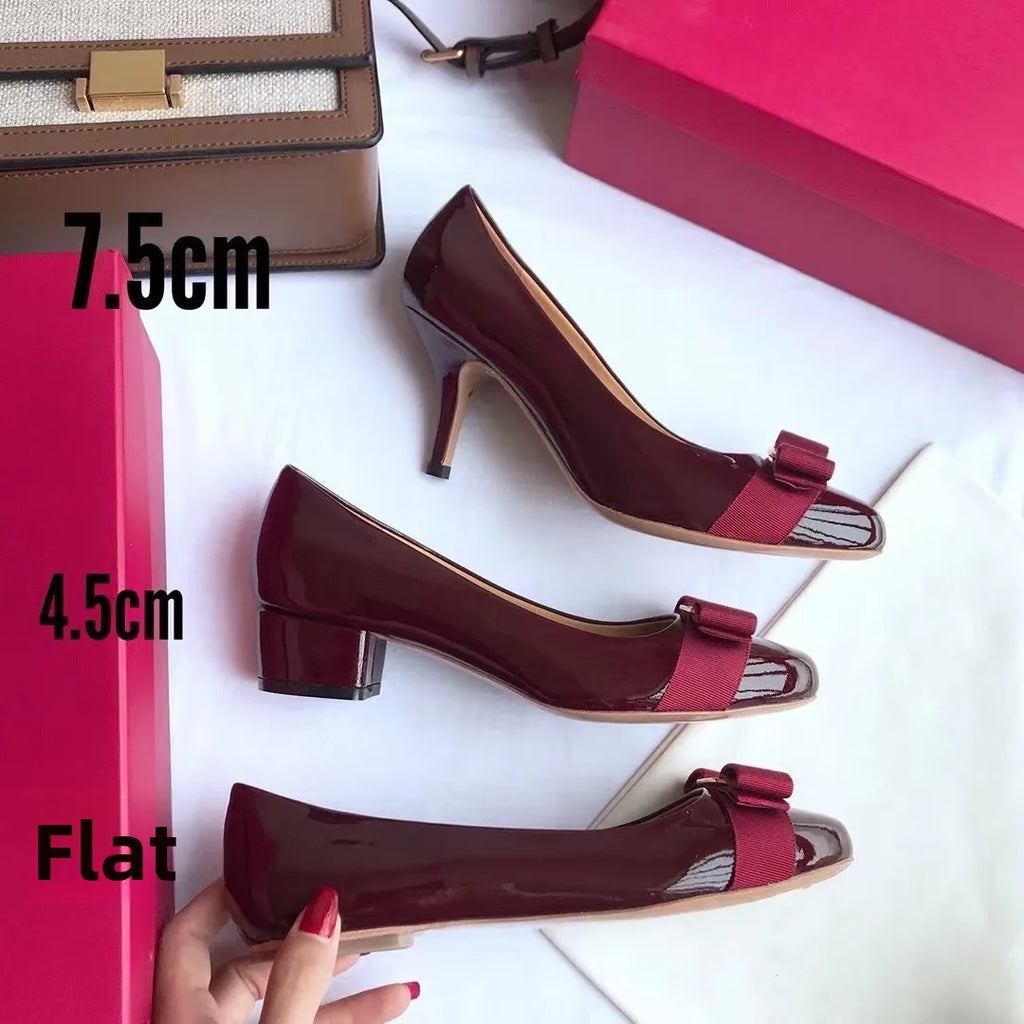 Comfortable round Toe High Version Spring New Style Red Shoes with Bow Tie Flat Heel Velvet Women Casual Shoes Ballet Flat