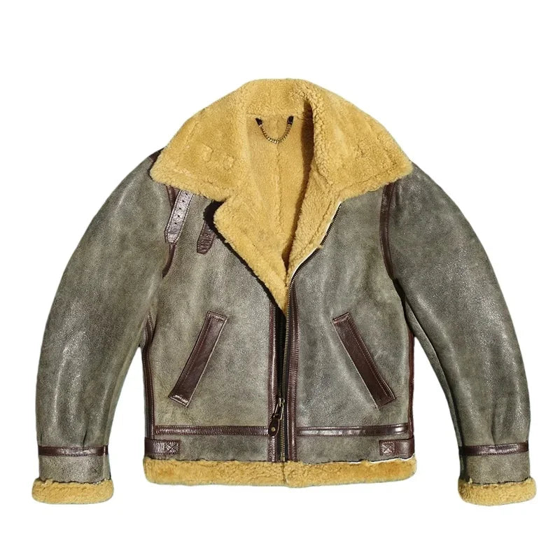 Dark Green Winter Shearling Jacket Men Retro Style Plus Size 5XL Genuine Natural Thick Sheepskin Turn-Down Collar B3 Flight Coat