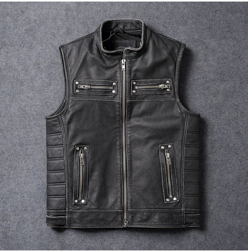 Black Four Seasons Leather Vest Men Vintage Style Plus Size 4XL Genuine Natural Cowhide Stand Collar Rivets Vest