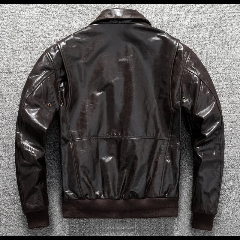 Men's Genuine Leather Military Flight Jacket | Real Leather Embroidered Patches G-1 Bomber Pilot High-Gloss Oil-Wax Brown
