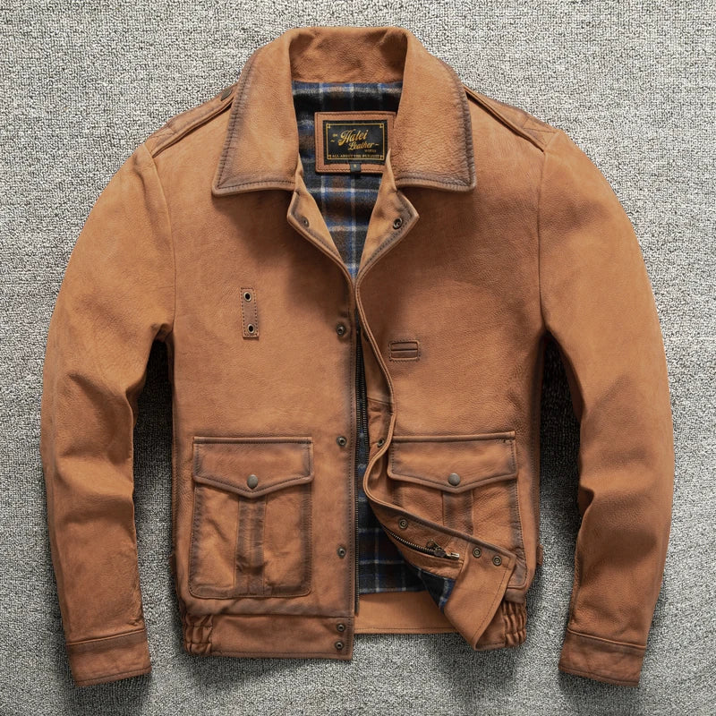 Orange Winter Leather Jacket Men Vintage Style Plus Size 5XL Genuine Natural Cowhide Turn-Down Collar Retro Mounted Police Coat