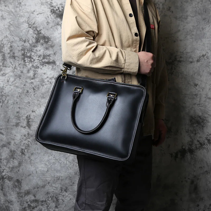 NZPJ Men's Briefcase Leather Handbag Retro Top Layer Cowhide Laptop Bag Crazy Horse Leather Shoulder Messenger Bag Luxury Bag