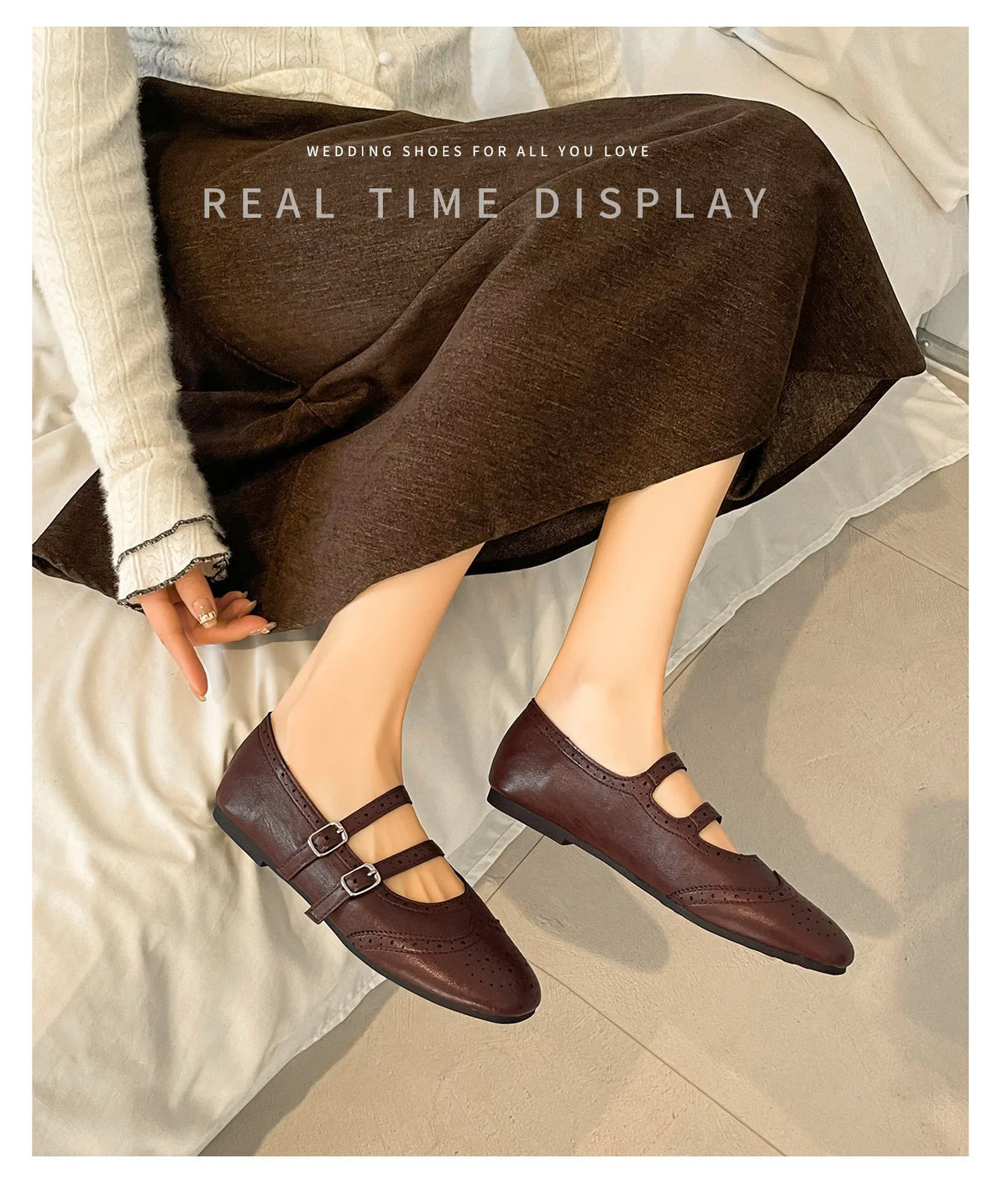 French Style Double Buckle Mary Jane Shoes Women's plus Size Flat Bottom Leather Version Beautiful Carving Spring Summer Autumn