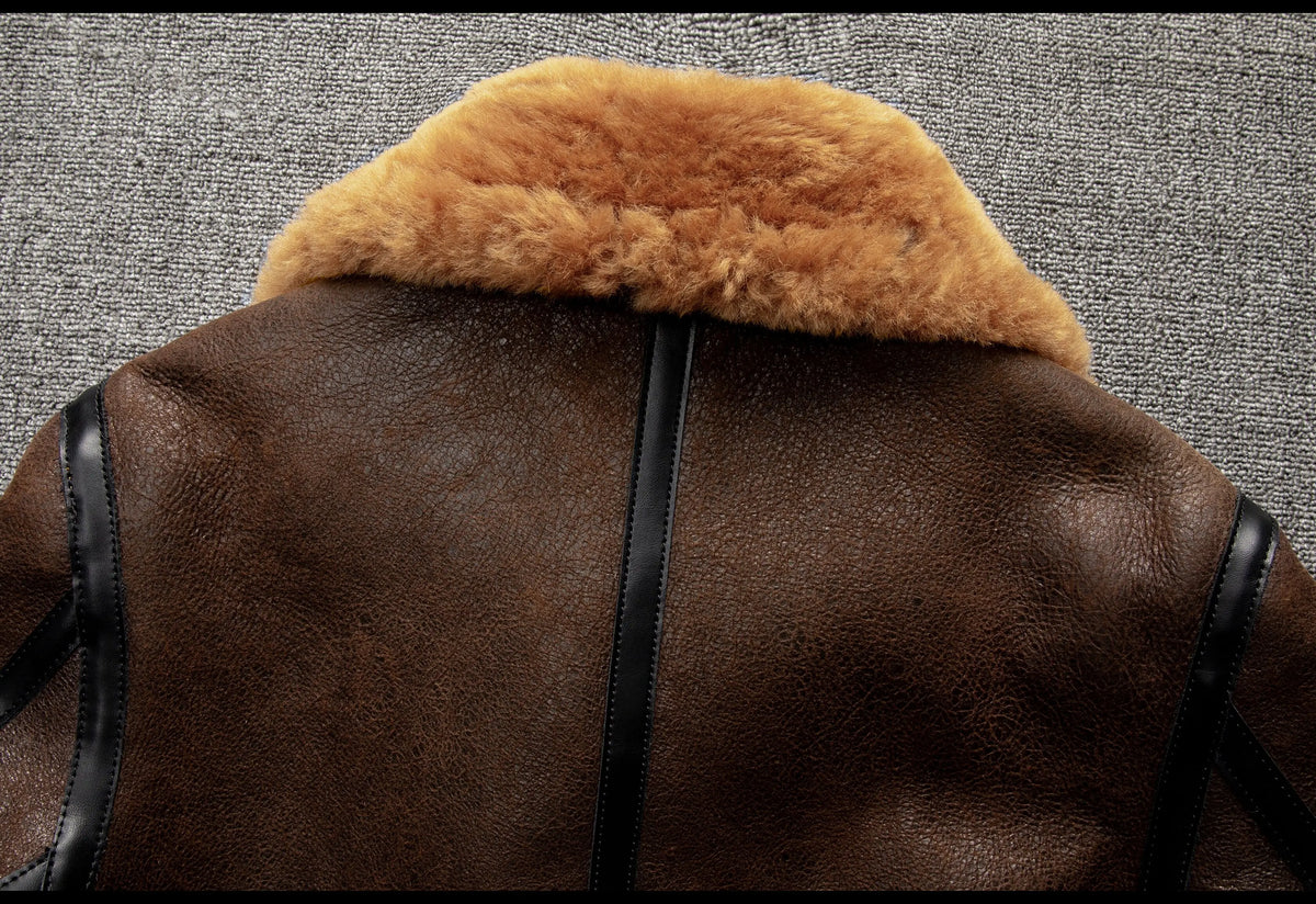 Brown Winter Shearling Jacket Men Retro Style Plus Size 5XL Genuine Natural Sheepskin Turn-Down Collar Thick Warm B3 Flight Coat