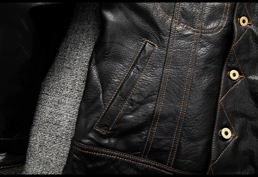 Men's Genuine Sheepskin Leather Trucker Jacket Black Type III Denim Cut Cream Contrast Stitch Brass Snap Short Casual Coat