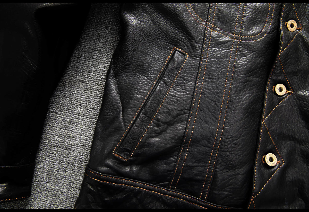 Men's Genuine Sheepskin Leather Trucker Jacket Black Type III Denim Cut Cream Contrast Stitch Brass Snap Short Casual Coat