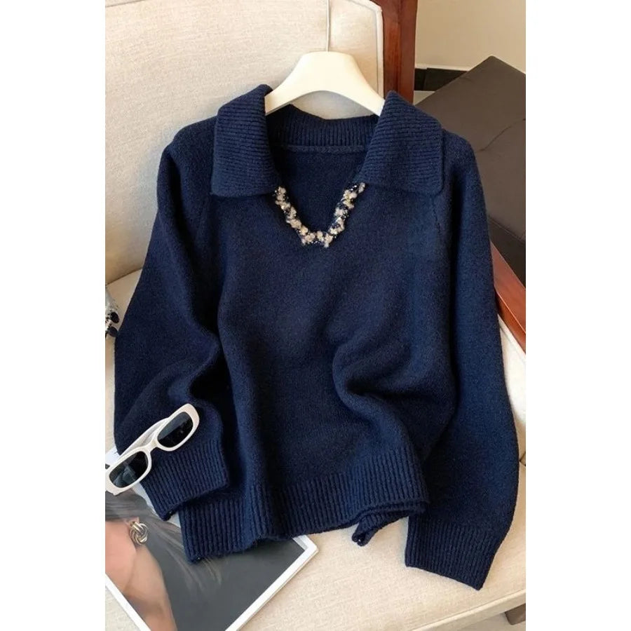 French Collar Heavy Embellished Long Sleeve Knitwear New Autumn Winter Dance Beautiful Women's Top V-neck Polyester Blend