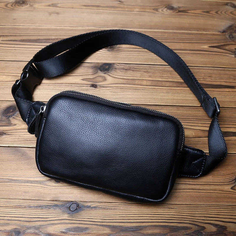 NZPJ Genuine Leather Men's Chest Bag, Natural Cowhide Crossbody Bag, Casual Shoulder Bag, Sports Multifunctional Phone Waist Bag