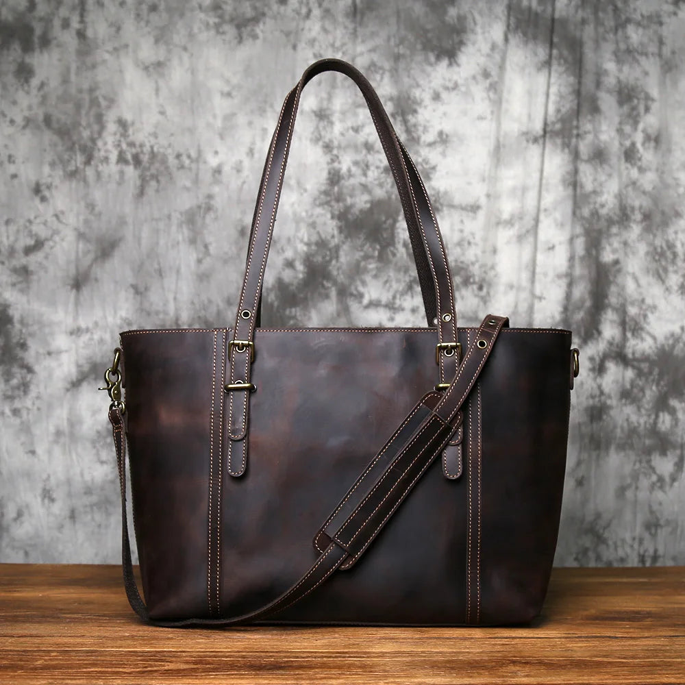 NZPJ Vintage Genuine Leather Tote Bag Crazy Horse Leather Handheld Crossbody Bag Top-Grain Cowhide Briefcase for Men and Women