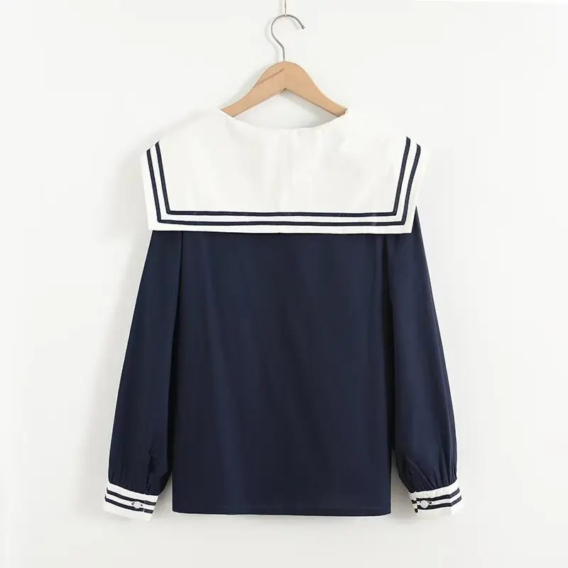Loose Fit Striped Long Sleeve Crew Neck Women's Shirt Korean Style Navy Theme Autumn Fashion Fresh Sweet College Style