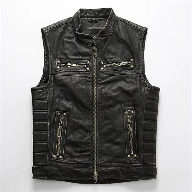 Red Brown Spring Leather Vest Men Retro Style Plus Size 4XL Genuine Natural Cowhide Stand Collar Motorcycle Sports Rivets Vest