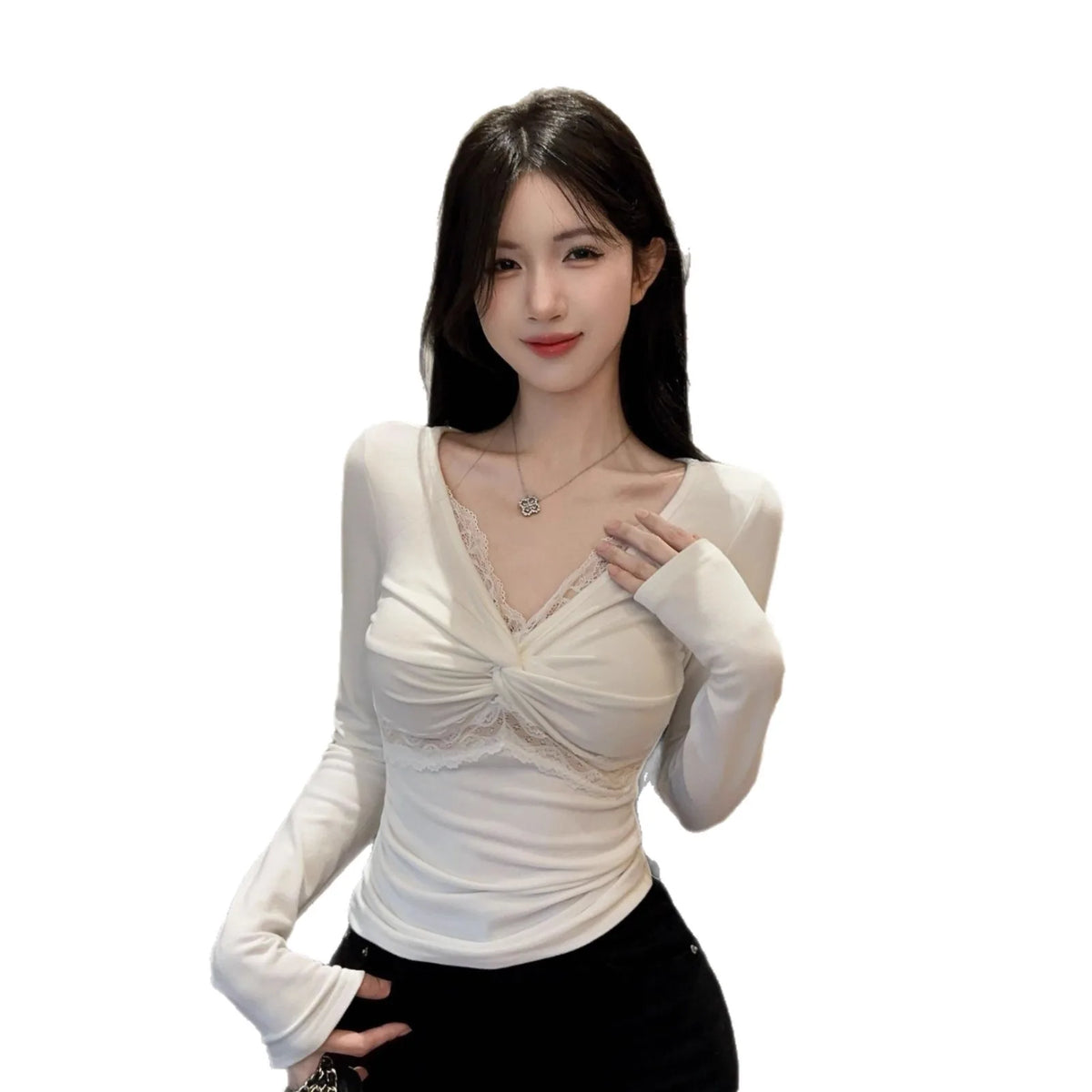 Women's Long Sleeve Lace T-Shirt V-Neck Slim Fit White Base Shirt Korean Style Autumn New Arrival Fashion Design Sense Base Top