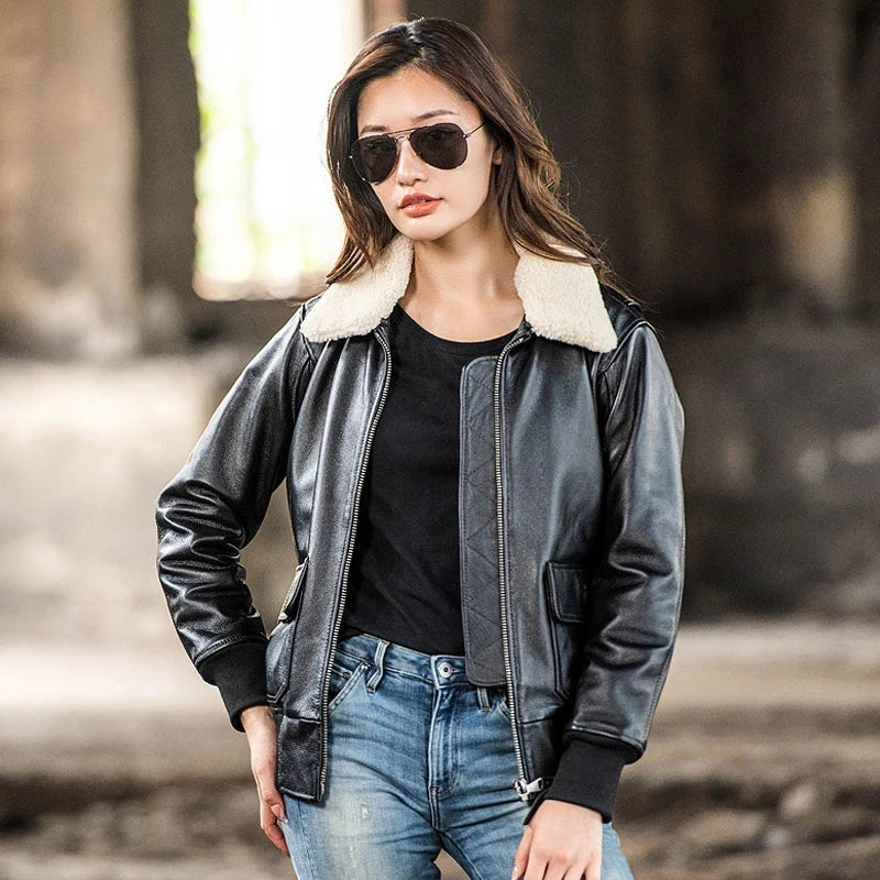 Dark Brown Autumn Leather Jacket Women Retro Style Plus Size 3XL Genuine Natural Cowhide Wool Collar Military G1 Flight Coat