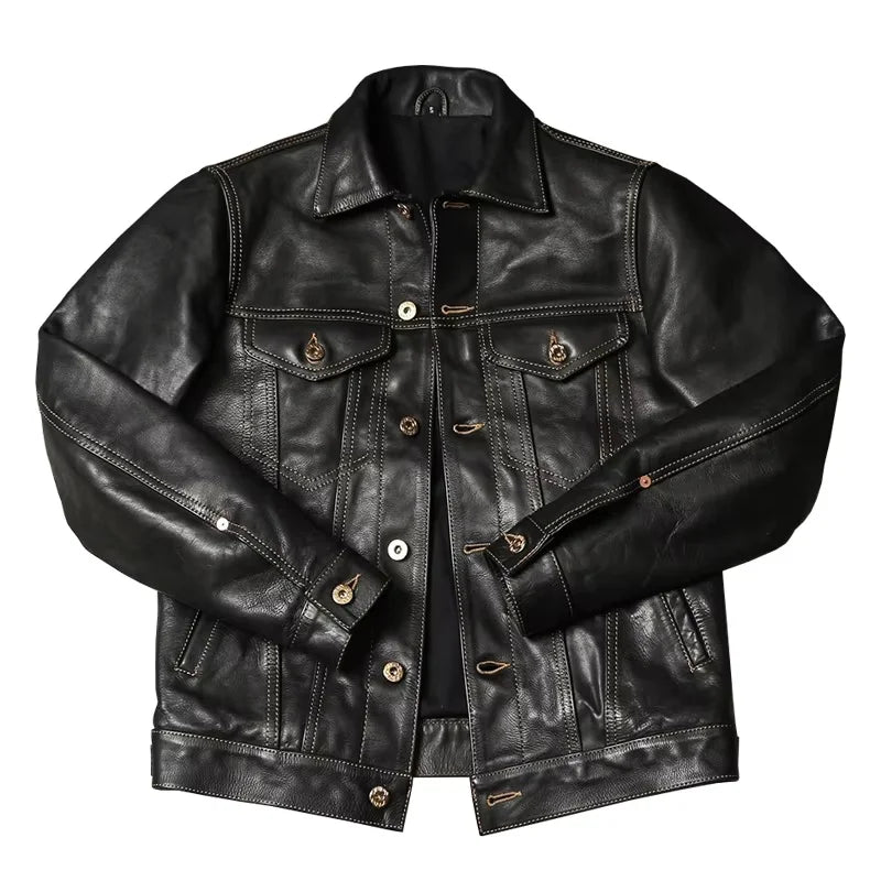 Black Autumn Leather Jacket Men Retro Style Plus Size 4XL Genuine Natural Thick Cowhide Single Breasted Casual Denim Coat