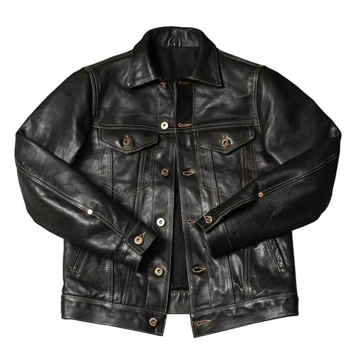 Black Autumn Leather Jacket Men Retro Style Plus Size 4XL Genuine Natural Thick Cowhide Single Breasted Casual Denim Coat