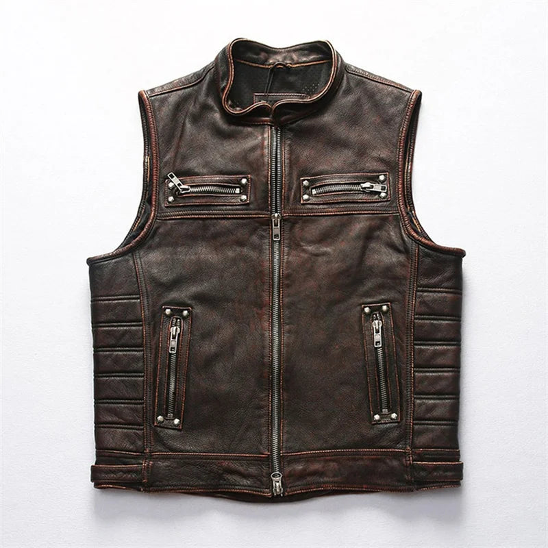 Red Brown Spring Leather Vest Men Retro Style Plus Size 4XL Genuine Natural Cowhide Stand Collar Motorcycle Sports Rivets Vest