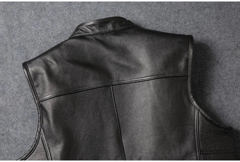 Black Four Seasons Leather Vest Men Vintage Style Plus Size 4XL Genuine Natural Cowhide Stand Collar Rivets Vest