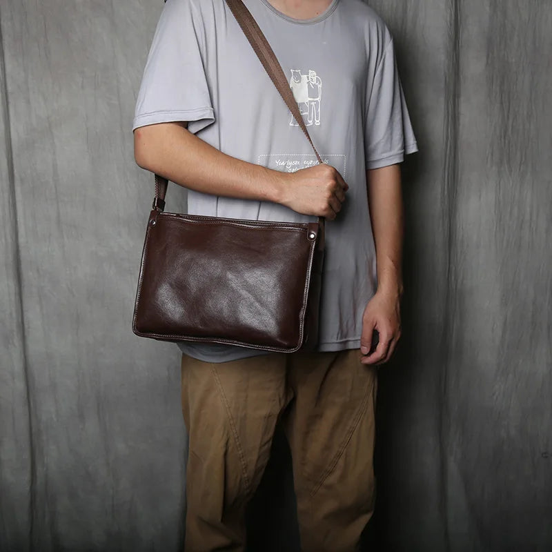NZPJ Vintage Genuine Leather Men's Shoulder Bag Casual Top-Grain Cowhide Crossbody Bag For 10-inch IPad