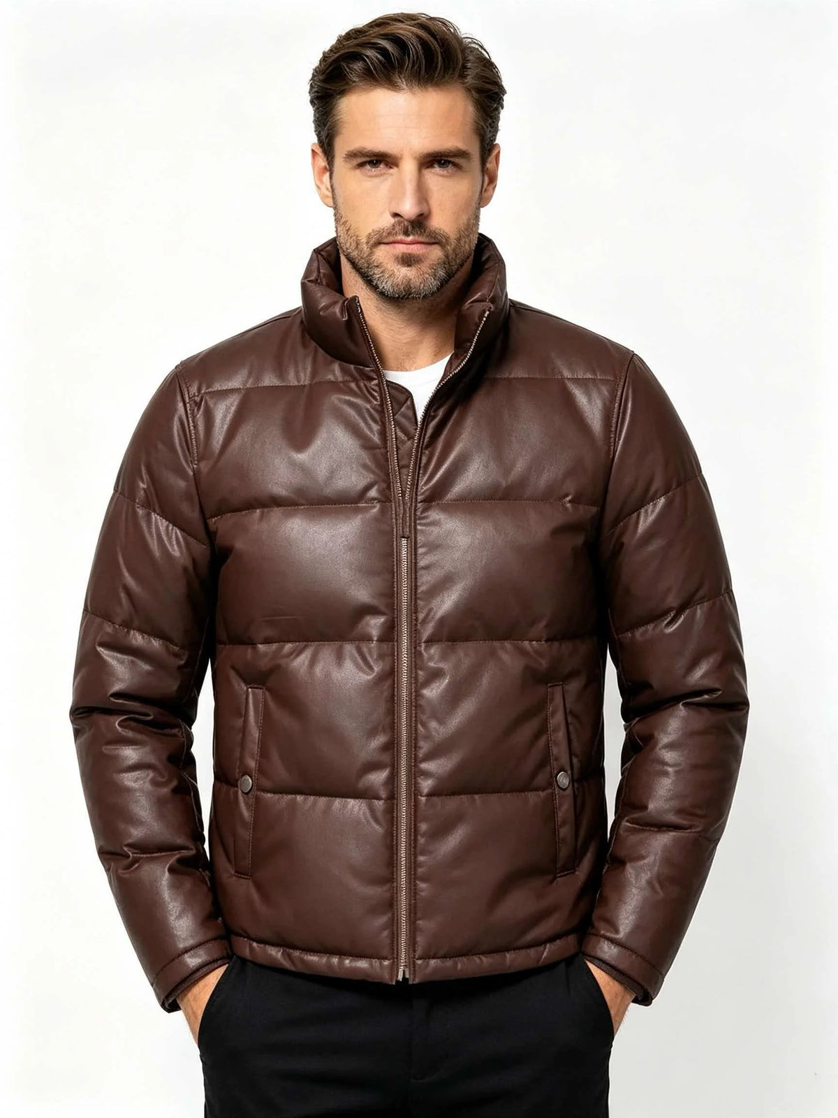Brown Winter Leather Jacket Men Europe Size 3XL Retro Style Genuine Natural Sheepskin Stand Collar Thick Warm Casual Down Coat