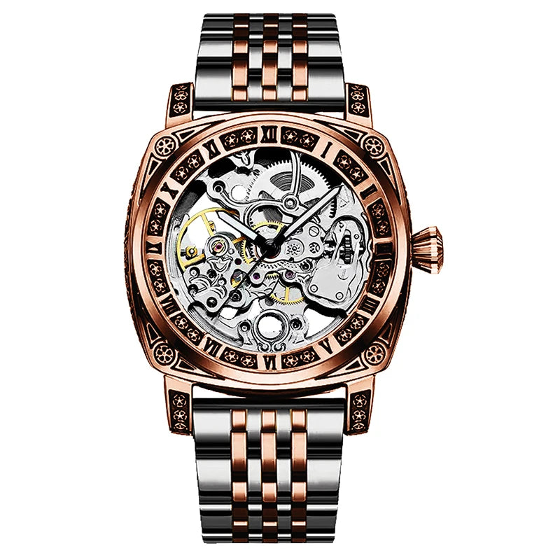 A men's fashion gentlemen's elegant pentagram rose gold and steel mechanical watch