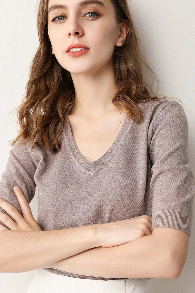 Spring Autumn New Style V-Neck Thin Knitted Loose Short Sleeve Women's T-Shirt Thin Summer Top Comfortable Base Layer Shirt