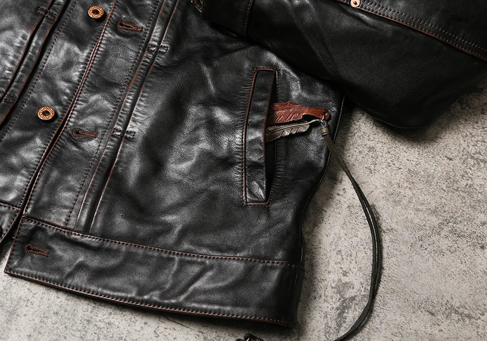 Black Autumn Leather Jacket Men Vintage Style Plus Size 5XL Genuine Natural Cowhide Turn-Down Collar Single Breasted Coat