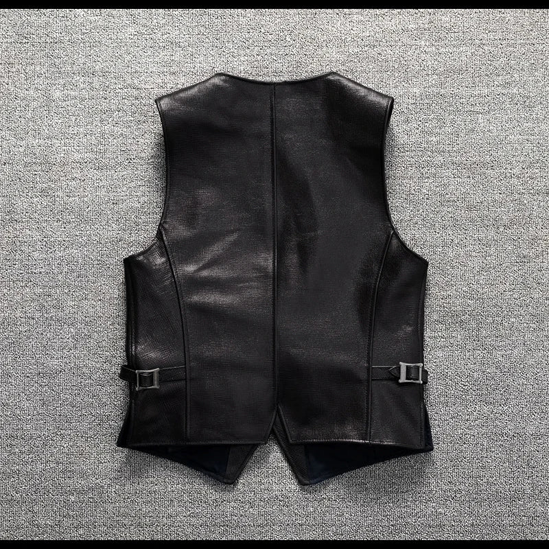 Black Spring Leather Vest Men Casual Style Plus Size 5XL Genuine Natural Sheepskin Single Breasted Short Sleeveless Coat
