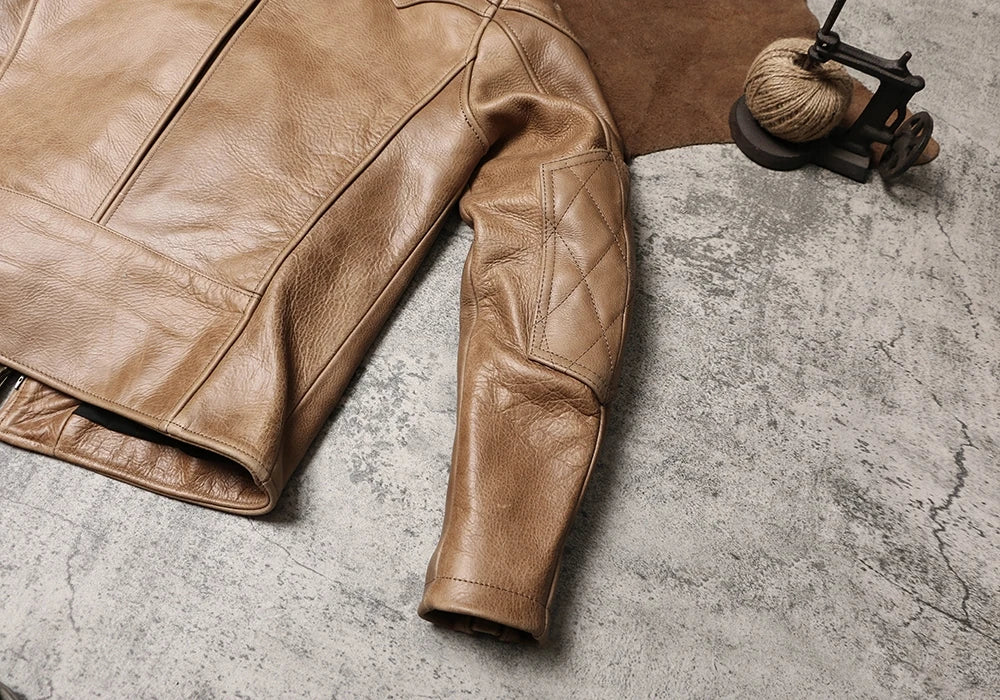 Light Brown Winter Leather Jacket Men Sprots Style Plus Size 5XL Genuine Natural Thick Cowhide Stand Collar Slim Leather Coat