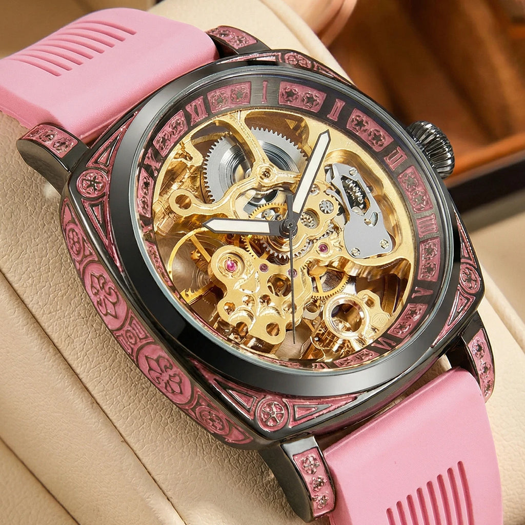 New Men's Watch with Gold Green Belt, Retro Style, Noble and Elegant Night Light Carving, Fully Automatic Mechanical Watch