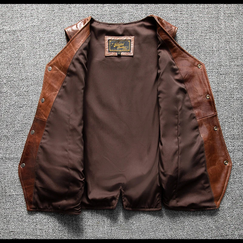 Brown Spring Leather Vest Men Retro Style Plus Size 5XL Genuine Natural Sheepskin O-Neck Collar Single Breasted Sleeveless Coat