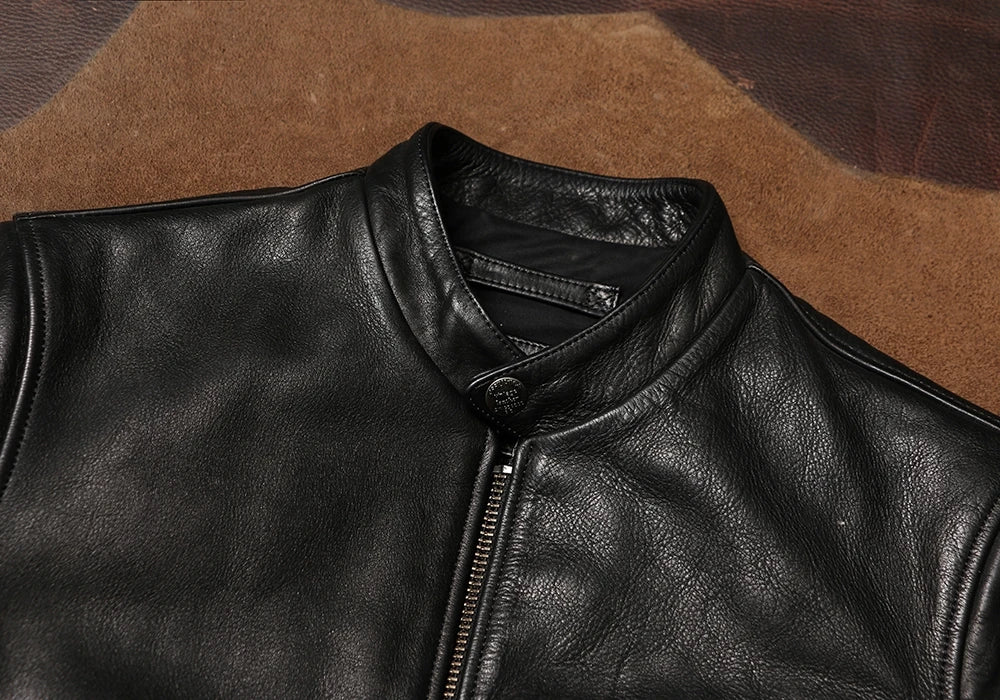 Black Winter Leather Jacket Men Sports Style Plus Size 4XL Genuine Natural Thick Cowhide Stand Collar Slim Fit Leather Coat
