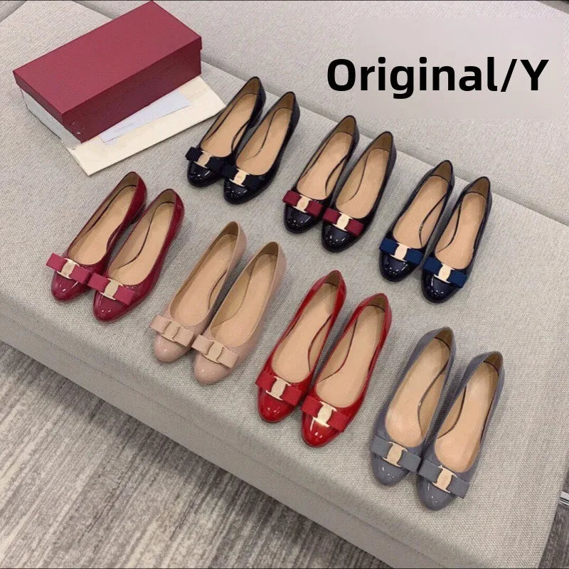 Comfortable round Toe High Version Spring New Style Red Shoes with Bow Tie Flat Heel Velvet Women Casual Shoes Ballet Flat