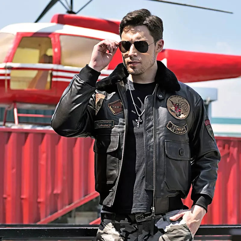 Black Winter Leather Jacket Men Retro Style Europe Size Genuine Natural Thick Sheepskin Turn-Down Collar Military G1 Flight Coat